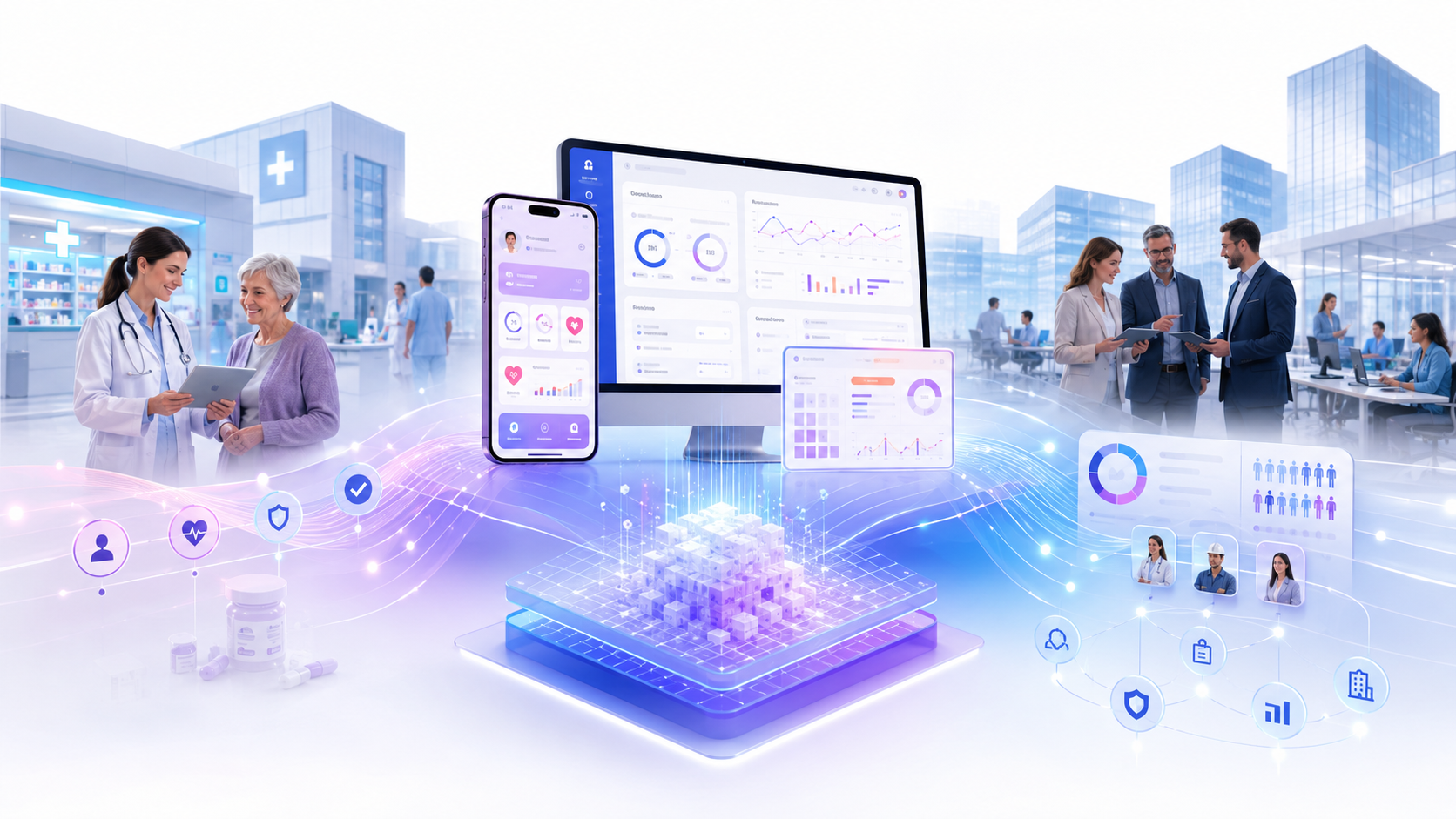 LifeCharger ecosystem connecting healthcare, companies, app, dashboards and analytics
