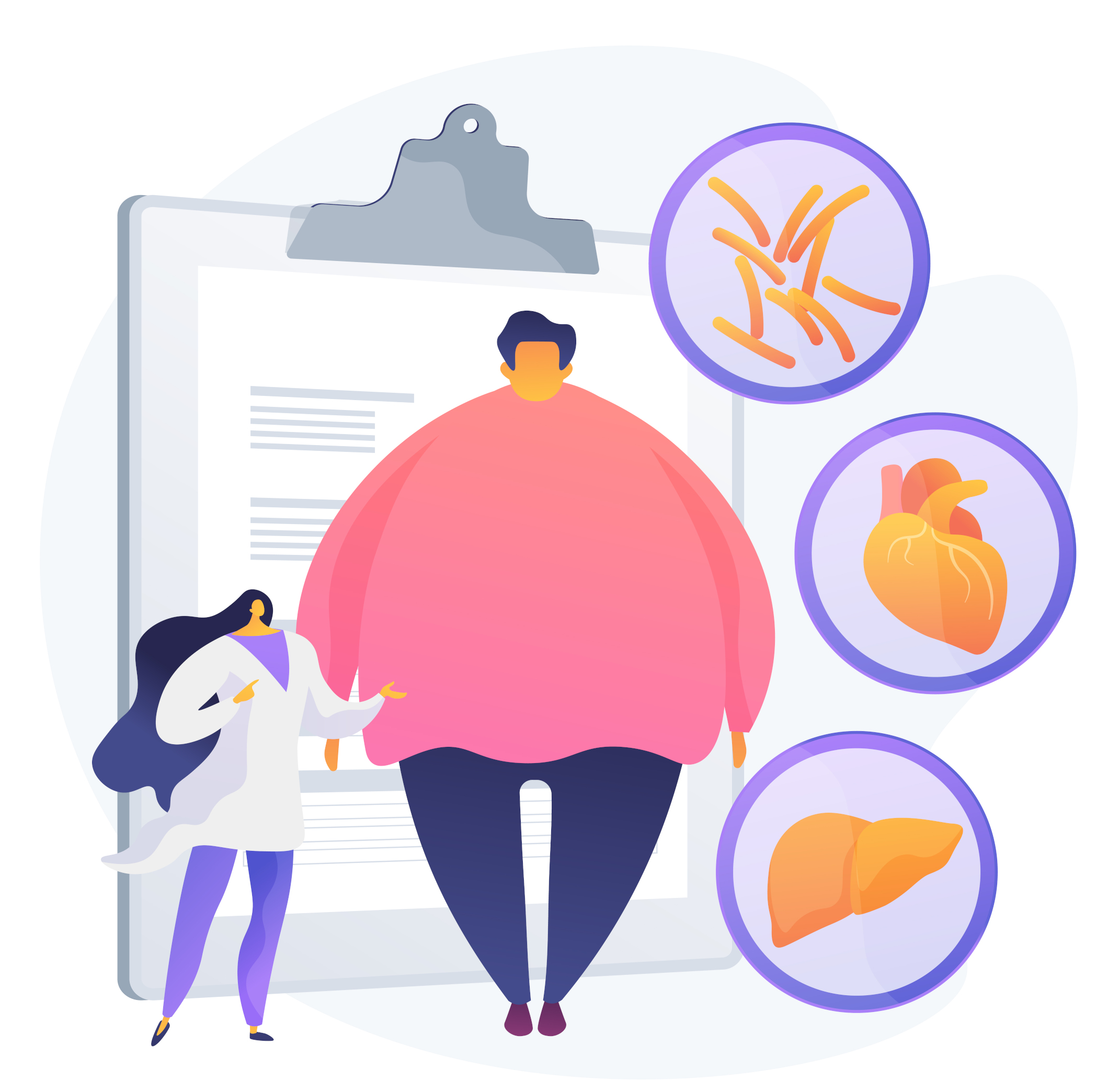 Obesity problem. Overweight man medical consultation and diagnostics. Negative impact of obesity on humans health and internal organs. Vector isolated concept metaphor illustration